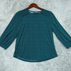 Adrianna Papell Teal Polka Dot Blouse Smocked Details Small d0387